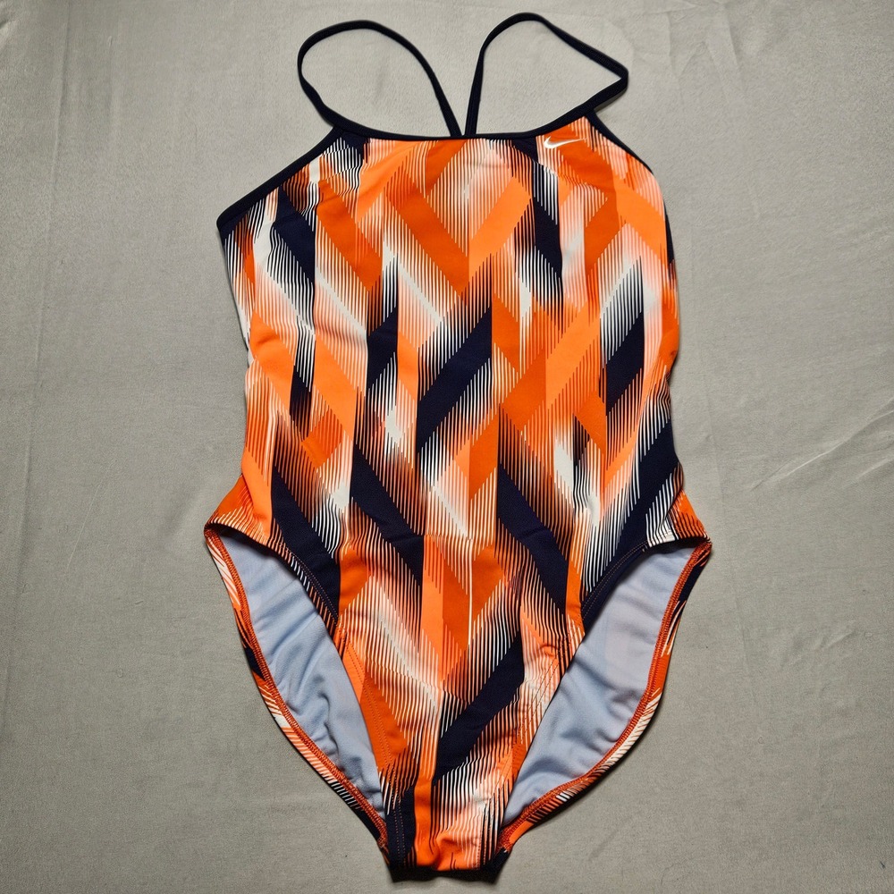 Nike One Piece Swimsuit Women 10 Orange Navy Geometric Chevron Racerback Swim